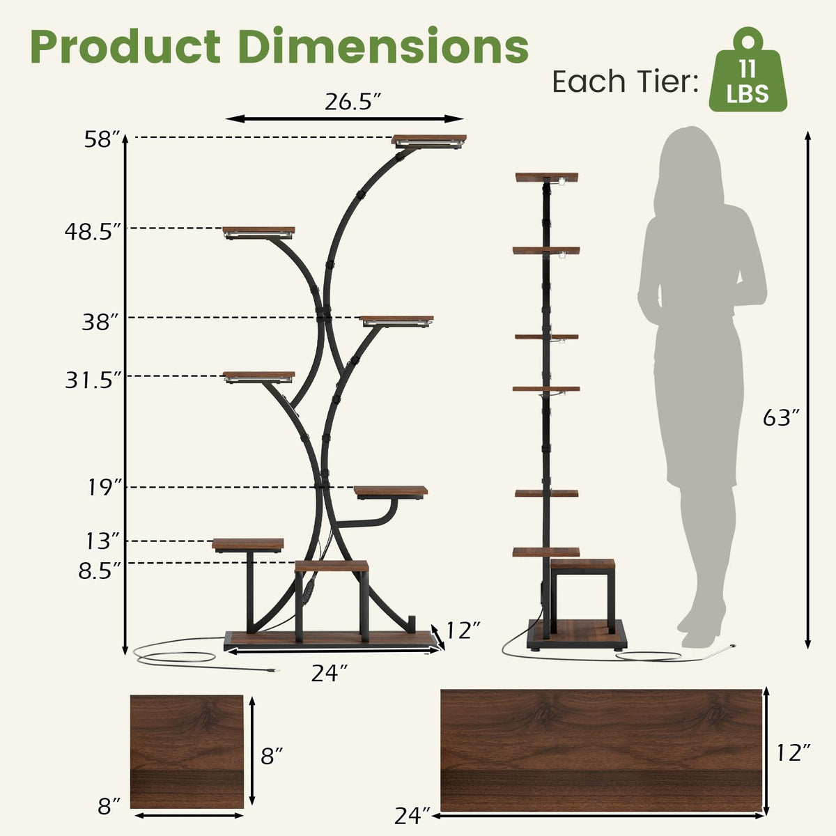 Lucktree Plant Stand Indoor with Grow Lights 8-Tier 58" Tall Corner Metal Plant Shelf
