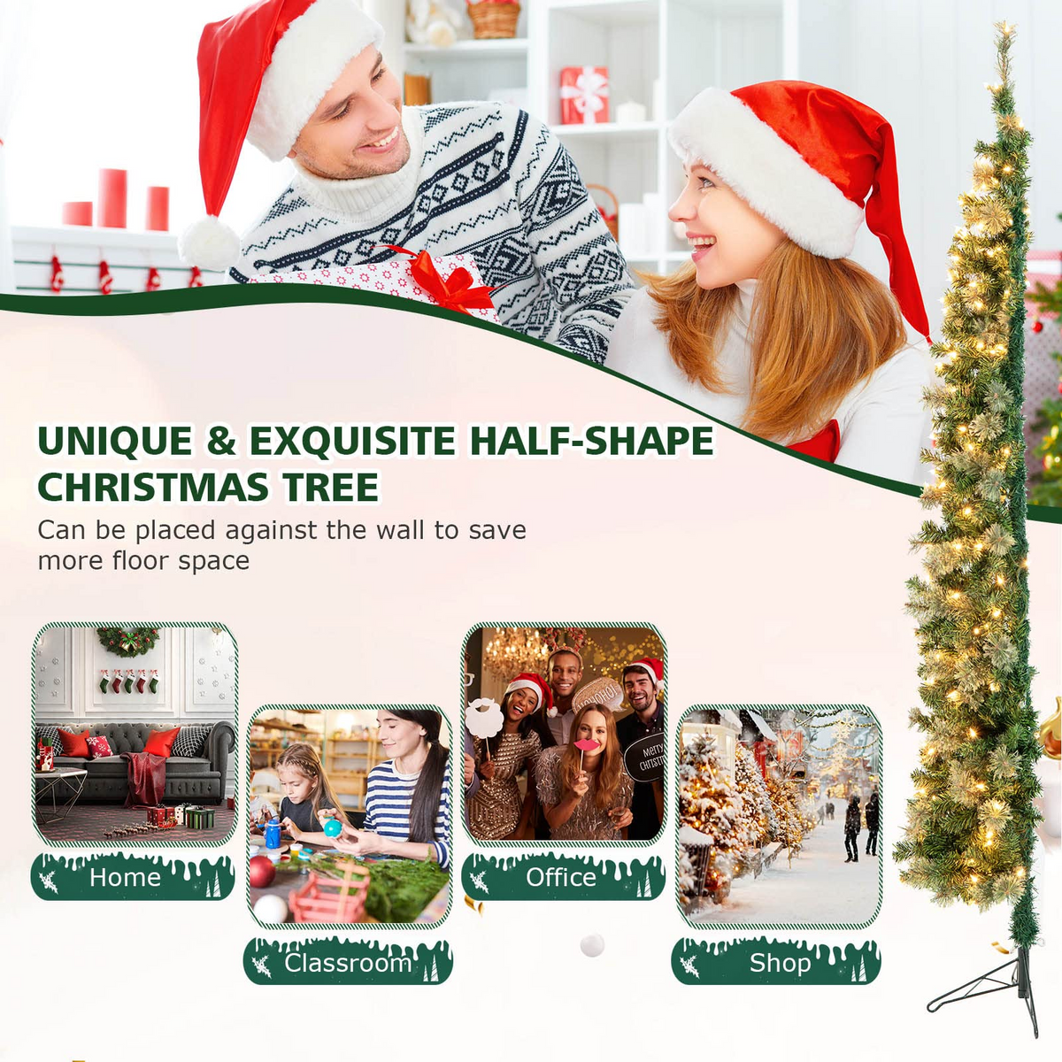 Lucktree 7ft Pre-Lit Half-Shape Christmas Tree, Artificial Xmas Tree W/ 403 Branch Tips - LucktreeUS