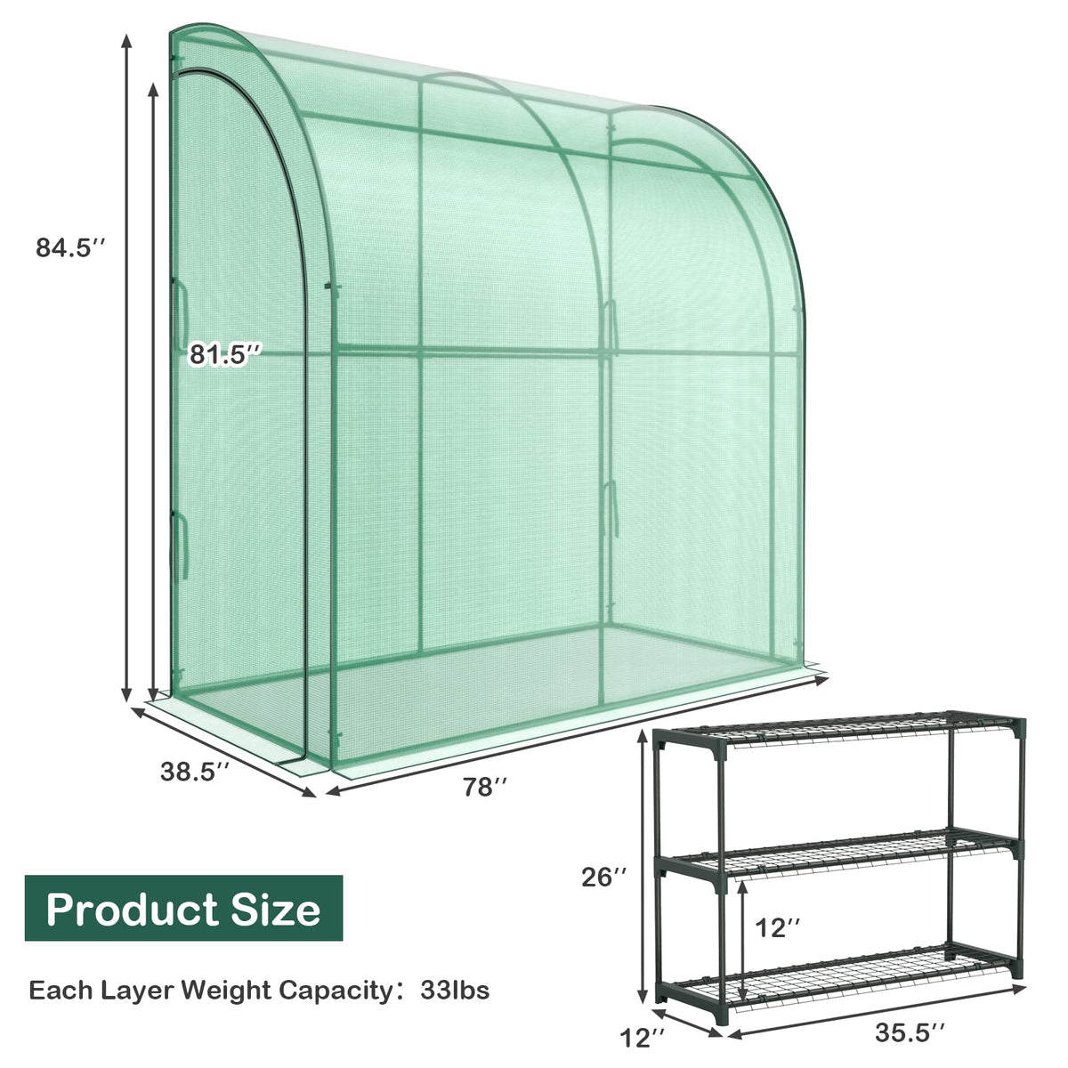 Lucktree Walk-in Lean-to Greenhouse - with 3-Tier Plant Stand, 7’x 3.5’x 7’ Green House, PE Grid Cover