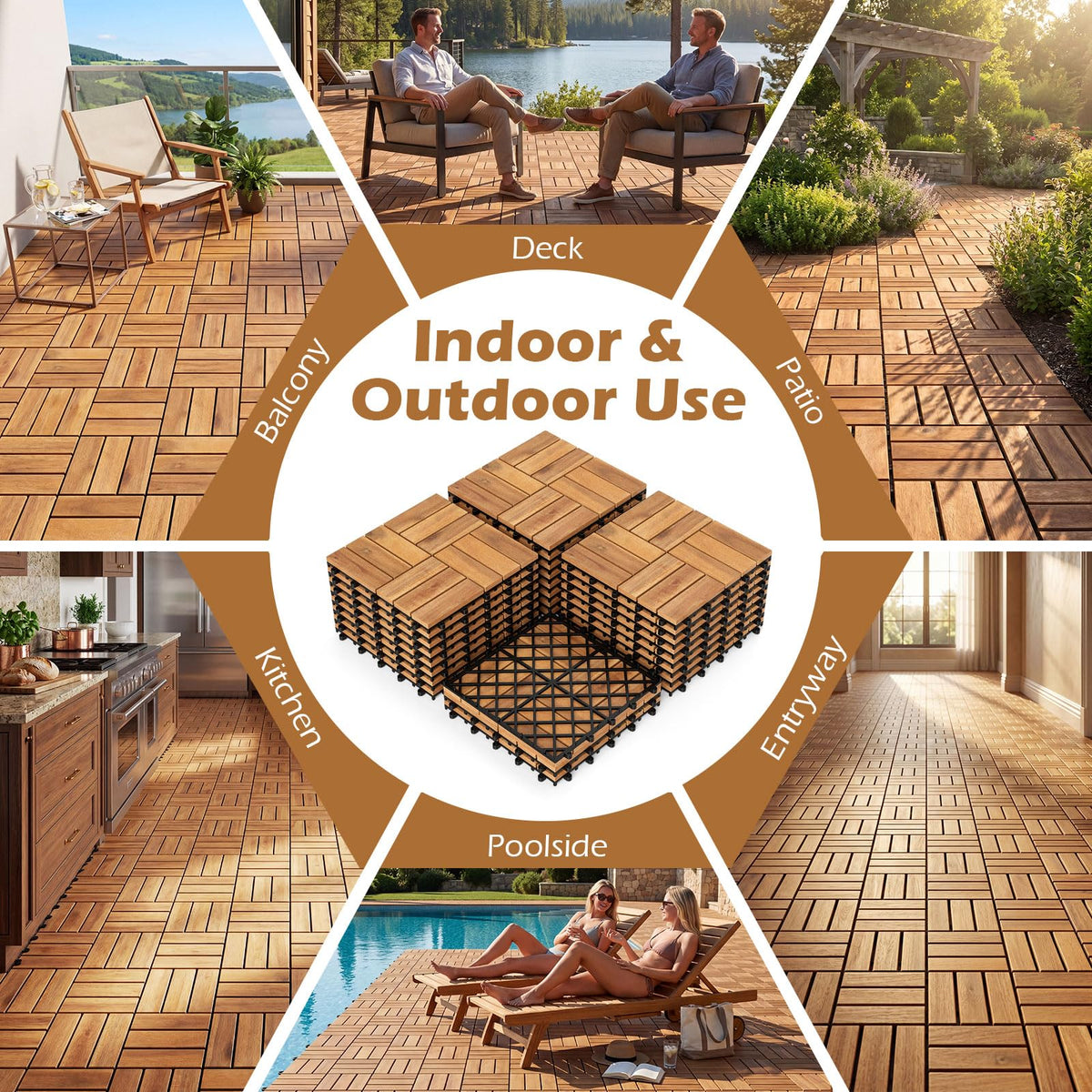Lucktree 12" x 12" Interlocking Acacia Wood Deck Tiles