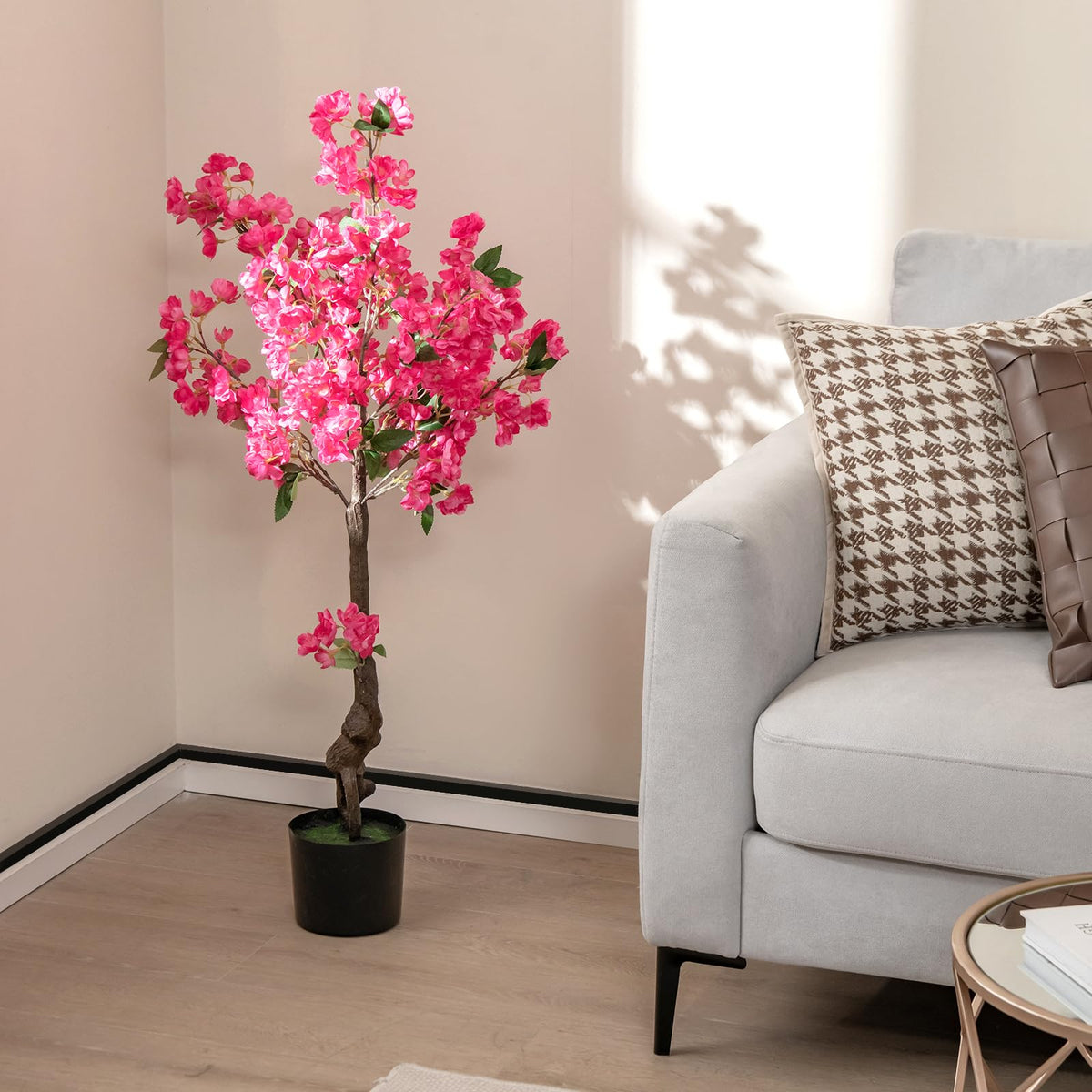 Lucktree 41” Artificial Plum Blossom Tree, Fake Floral Plant with 92 Flowers & Realistic Trunk in Plastic Nursery Pot