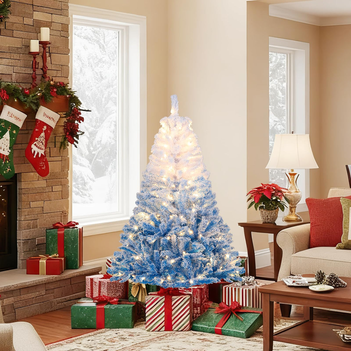 Lucktree Pre-Lit Snow Flocked Christmas Tree | Artificial Hinged Xmas Full Tree