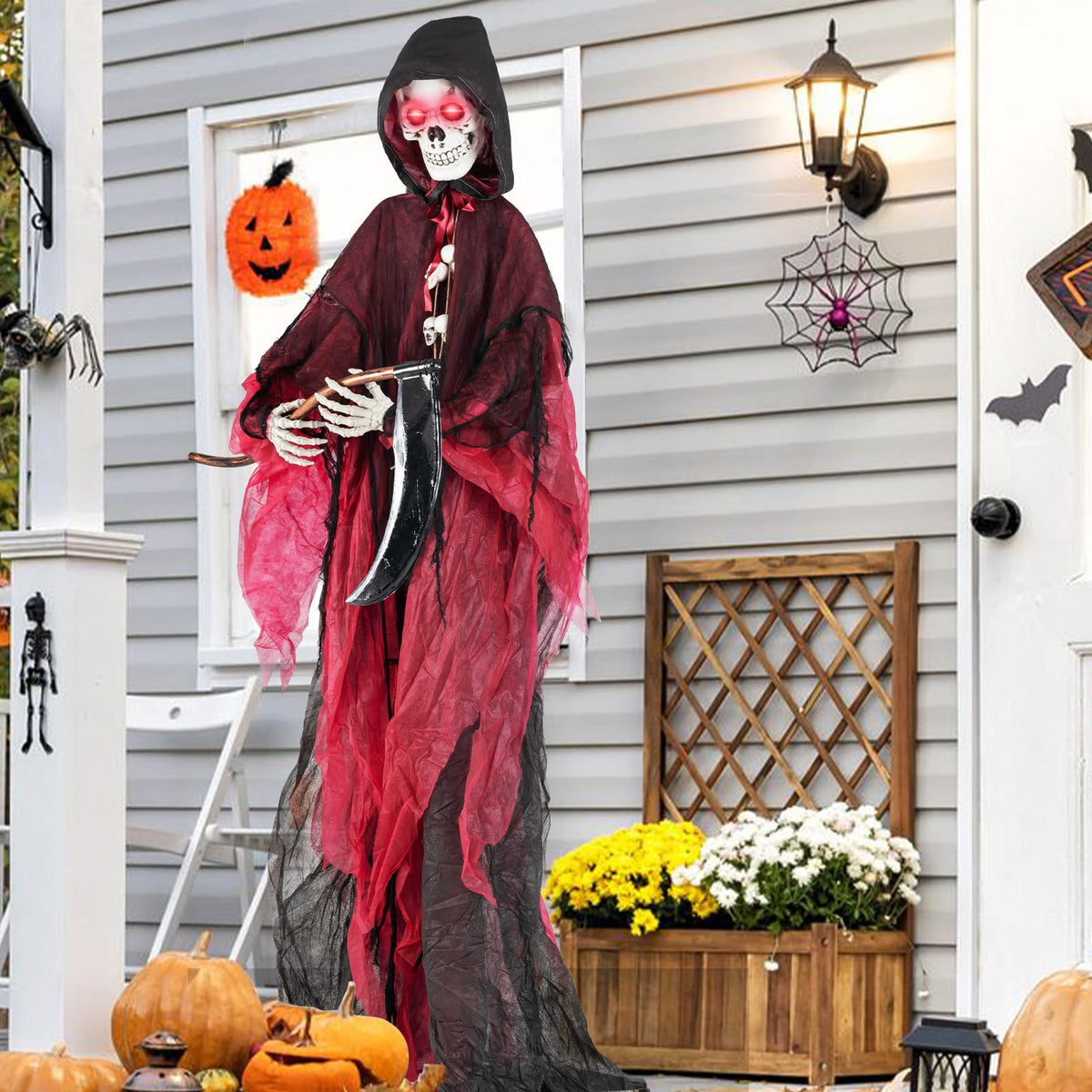 Lucktree 8 Ft Halloween Animatronics, Sound & Touch Activated Grim Reaper with Sickle, Glowing LED Eyes & Scary Voices
