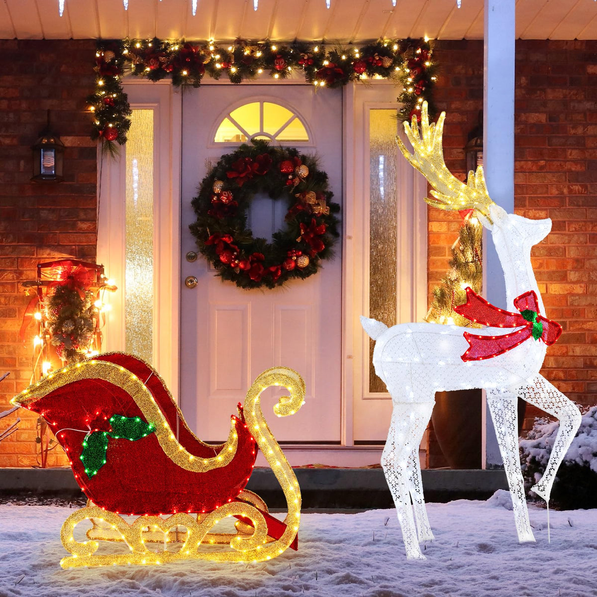 Lucktree Lighted Christmas Reindeer & Sleigh Set, Light-up Xmas Decorations with 462 LED Lights