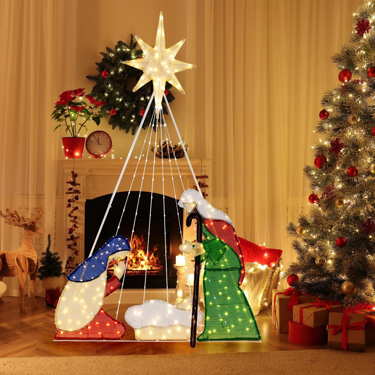 Lucktree 6 FT Lighted Nativity Scene, Holy Family Set Christmas Decoration with 240 LED Lights