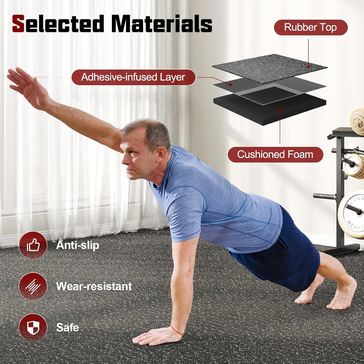 Lucktree 0.39" Thick Rubber Top Exercise Equipment Mats with Boarders