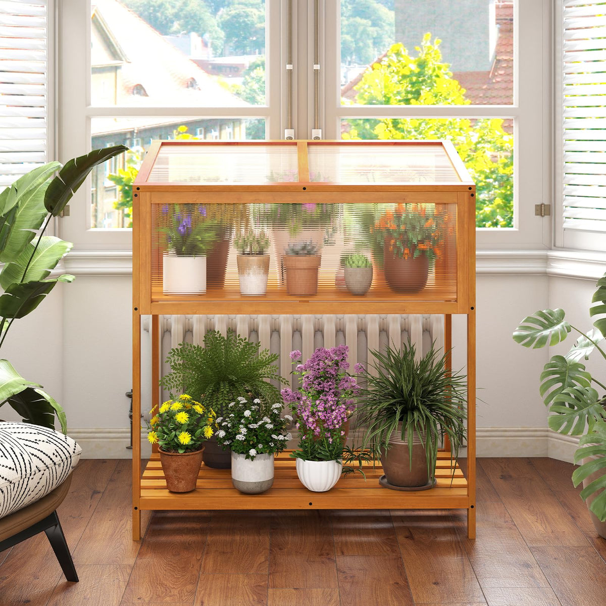 Lucktree Wood Cold Frame Greenhouse with Transparent Openable Roof & Slatted Shelf