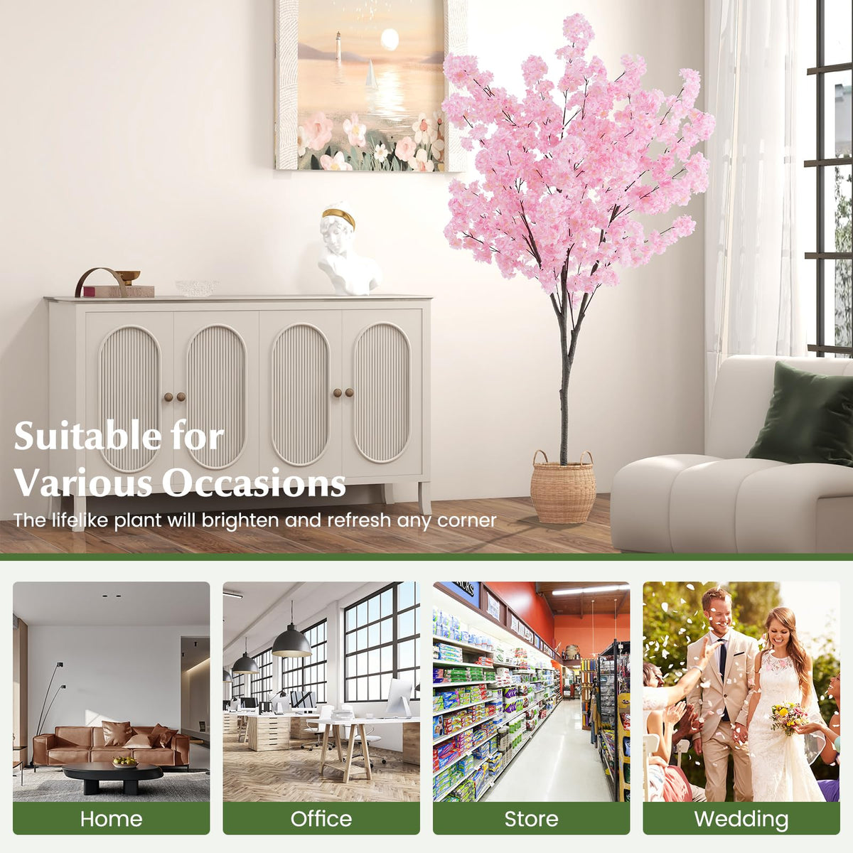 Lucktree 6.5FT Artificial Cherry Blossom Tree, Pink Fake Flower Tree, Faux Floral Plant Blooming Tree in Cement Pot