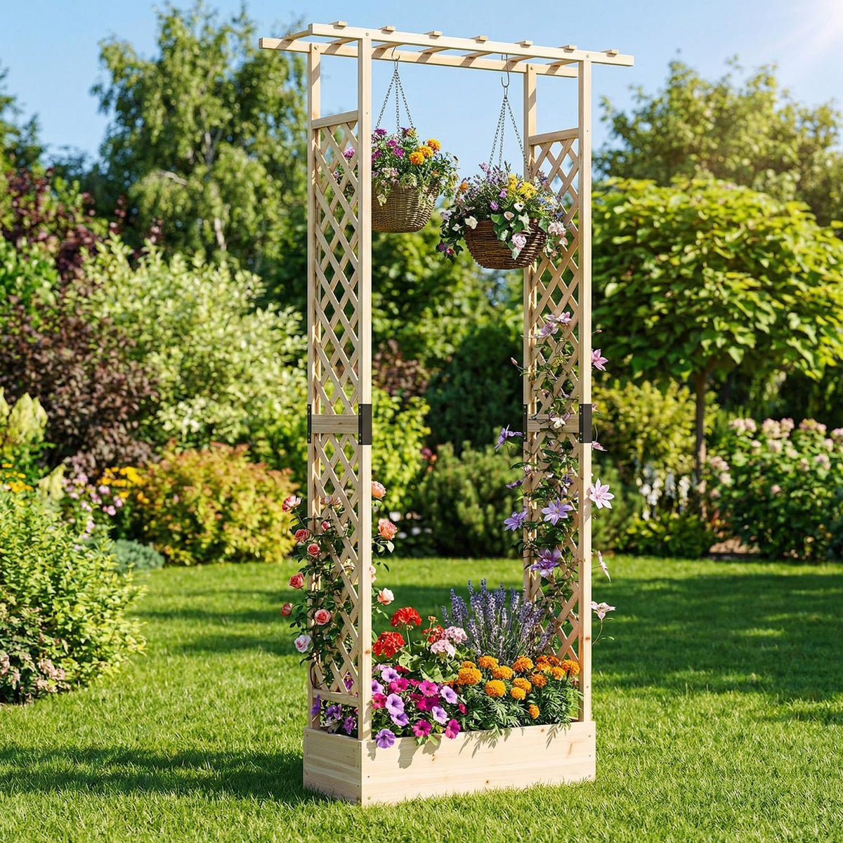Lucktree Wooden Raised Garden Bed with Trellis & Hanging Roof