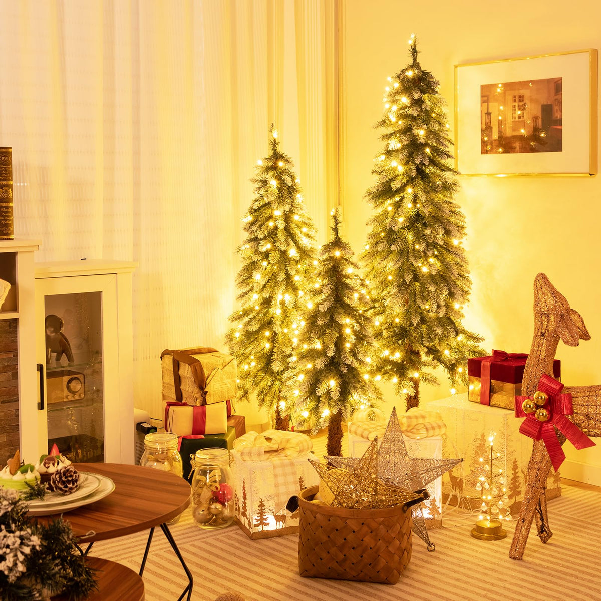 Lucktree 3' 4' 5' Pre-Lit Artificial Christmas Tree Set, Slim Pencil Xmas Trees with Snowy Leaves