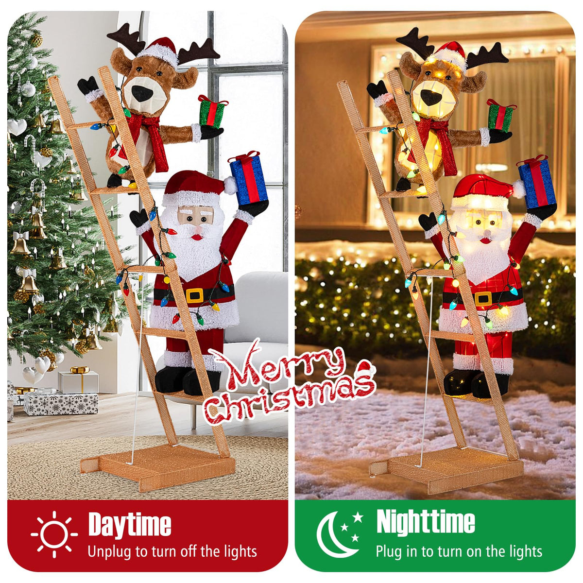 Lucktree 5.5 FT Lighted Reindeer & Santa Claus on Ladder