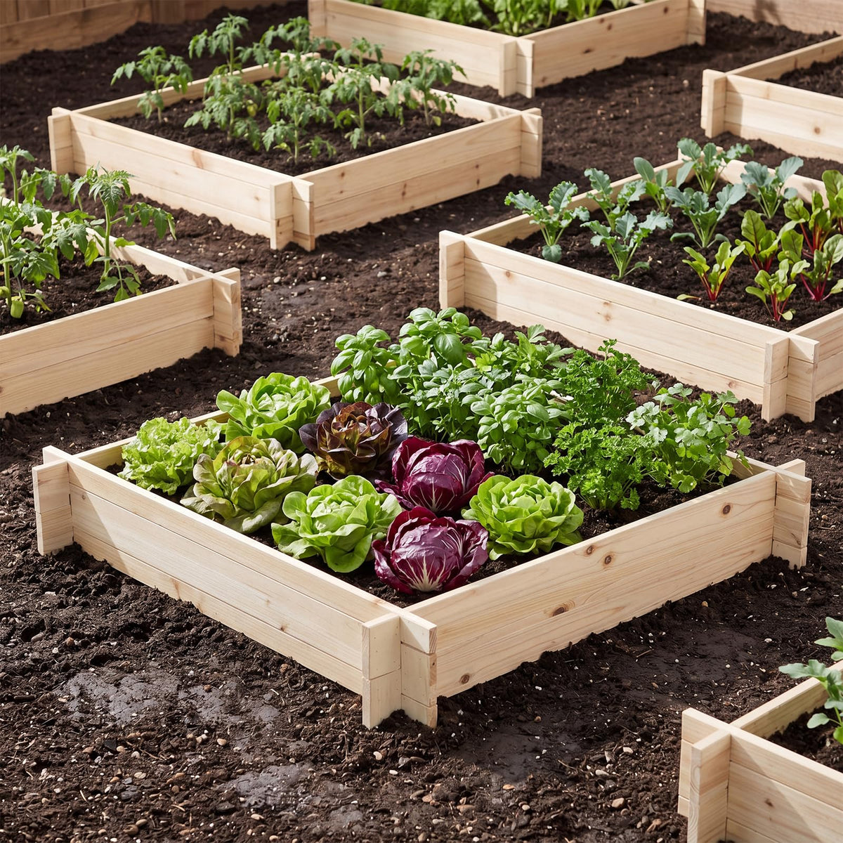 Lucktree 40" x 40" Square Fir Wood Planter Box with Open-Ended Base for Vegetables Flowers Herbs