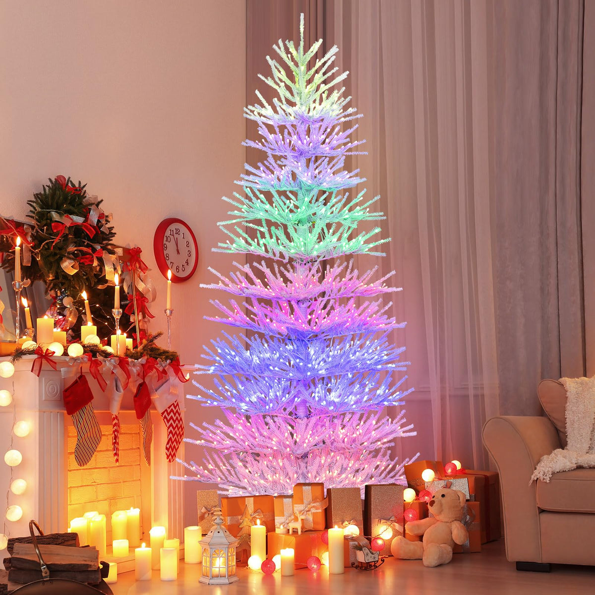 Lucktree 7ft Pre-Lit Artificial Christmas Tree with 923 Multicolored LED RGB Lights