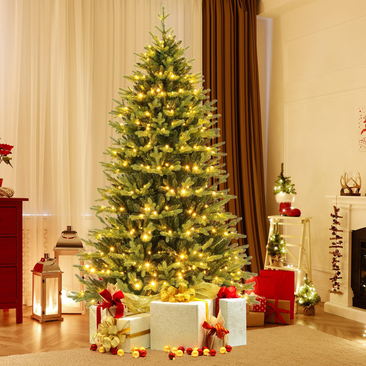 Lucktree 7ft Hinged Xmas Full Tree with 470 Warm White & Multicolored LED Lights