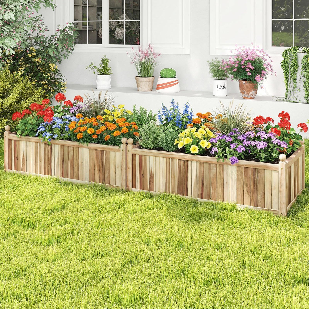Lucktree Wooden Raised Garden Bed Natural Acacia Wood Rectangular Planter Box with Liner