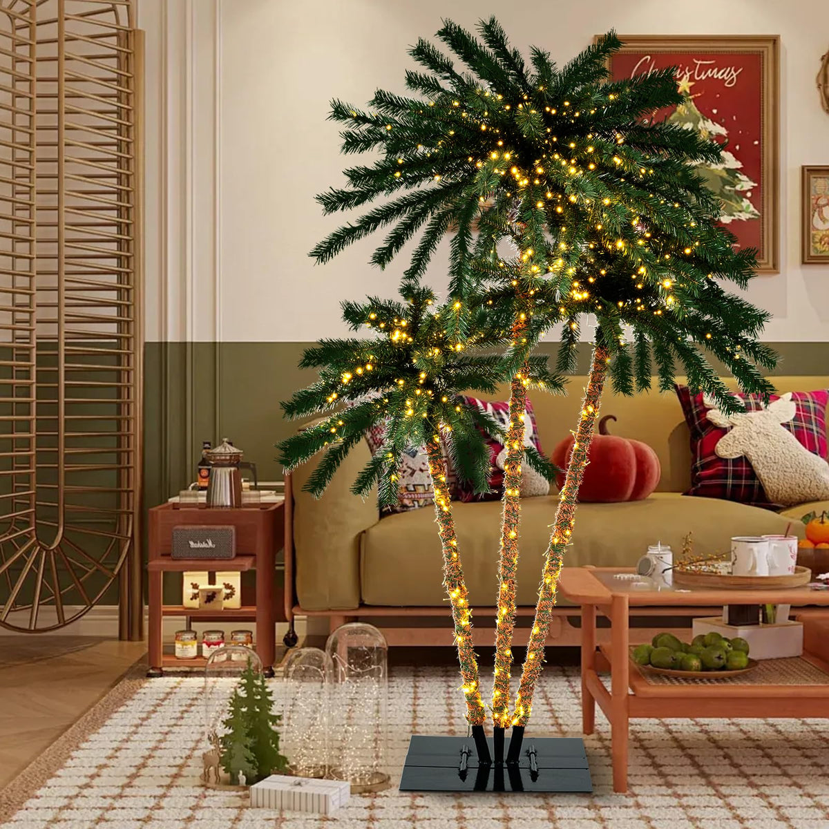 Lucktree Pre-Lit Artificial Christmas Tree, 4/5/6 FT Triple Coconut Plam Trees with Metal Base