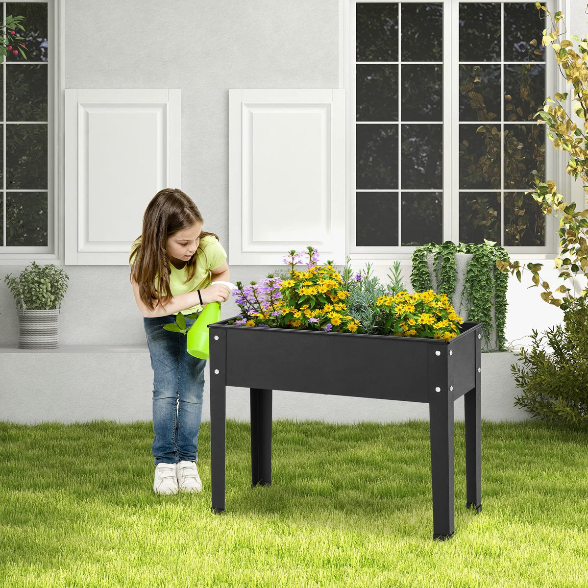 Lucktree Raised Garden Bed, Metal Planter Box with Legs, Drain Hole, Outdoor Indoor Elevated Garden Box