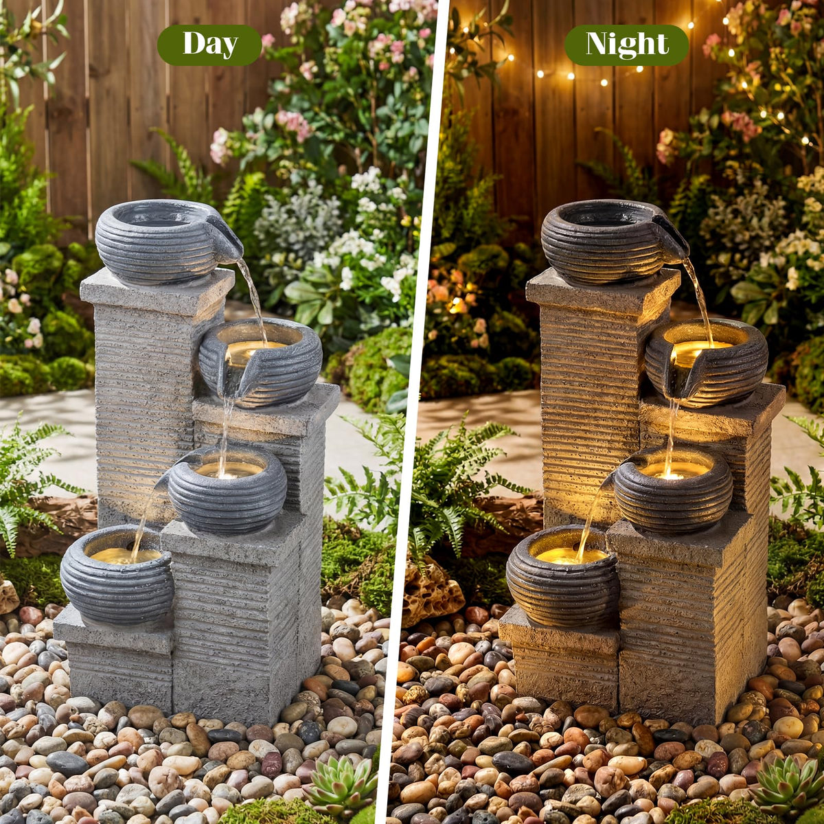 Lucktree 4-Tier Water Fountain Outdoor with Warm LED Lights & Pump