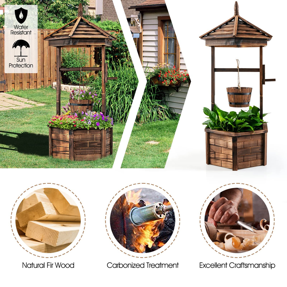 Lucktree Rustic Wooden Wishing Well Planter with Hanging Bucket, Roof Shadow