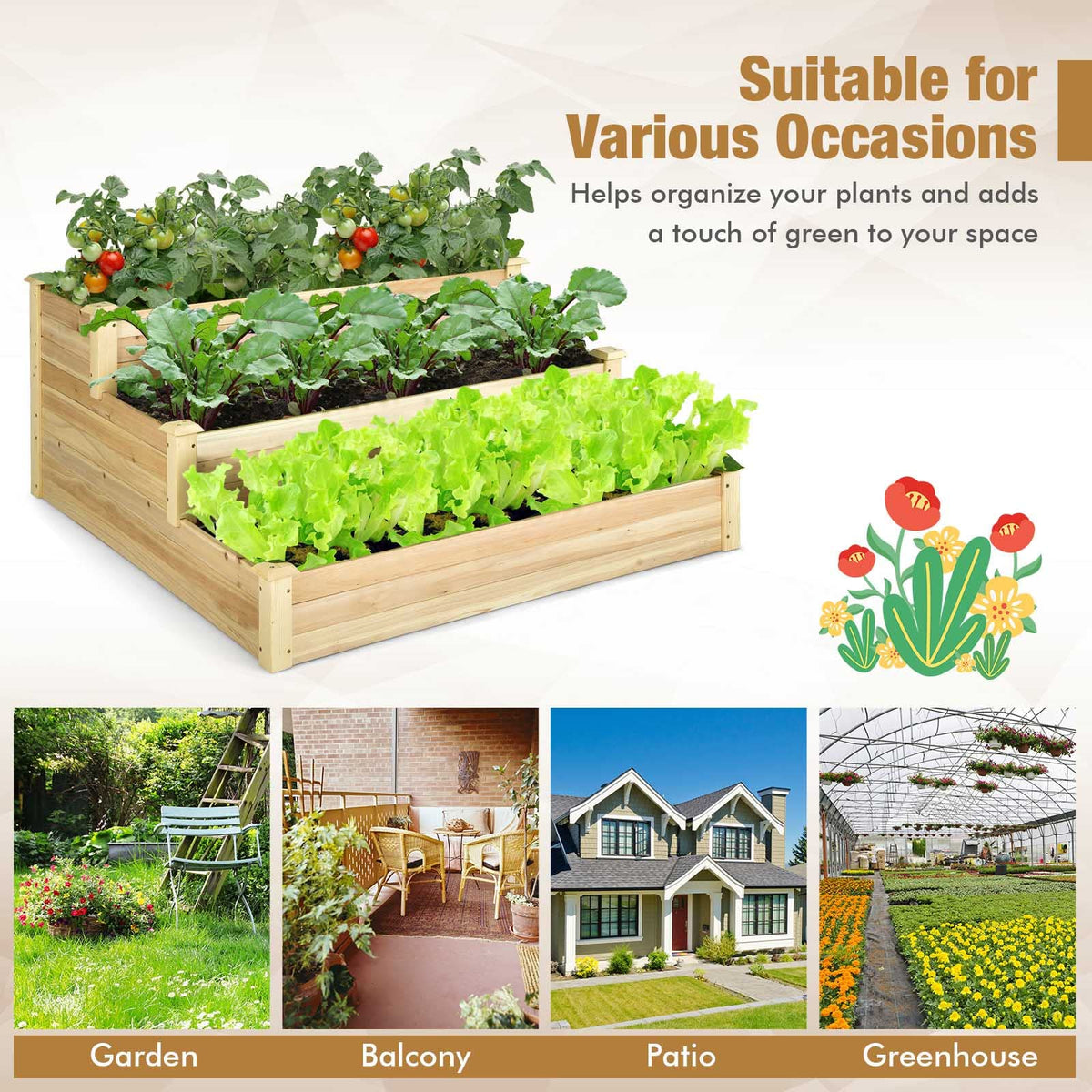 Lucktree 3 Tier Raised Garden Bed, Wood Planter Box 48 x 48 x 22 Inch Vegetable Flower Herb Fruit Growing Bed Kit