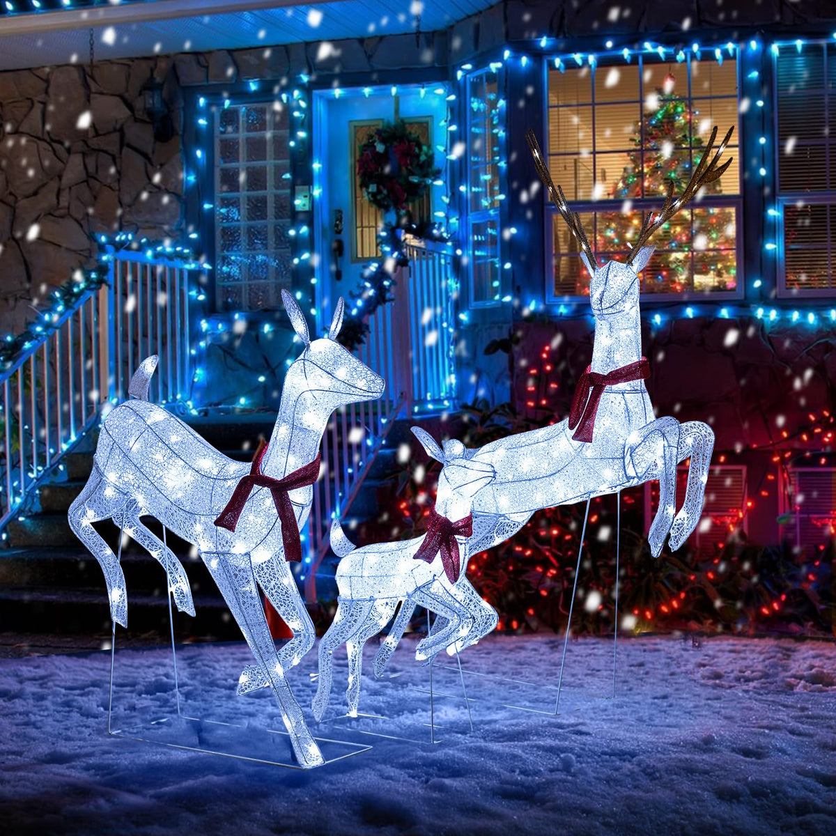 Lucktree 3-Piece Large Lighted Christmas Reindeer Family, Light up Xmas Decorations w/255 LED Lights & Scarves