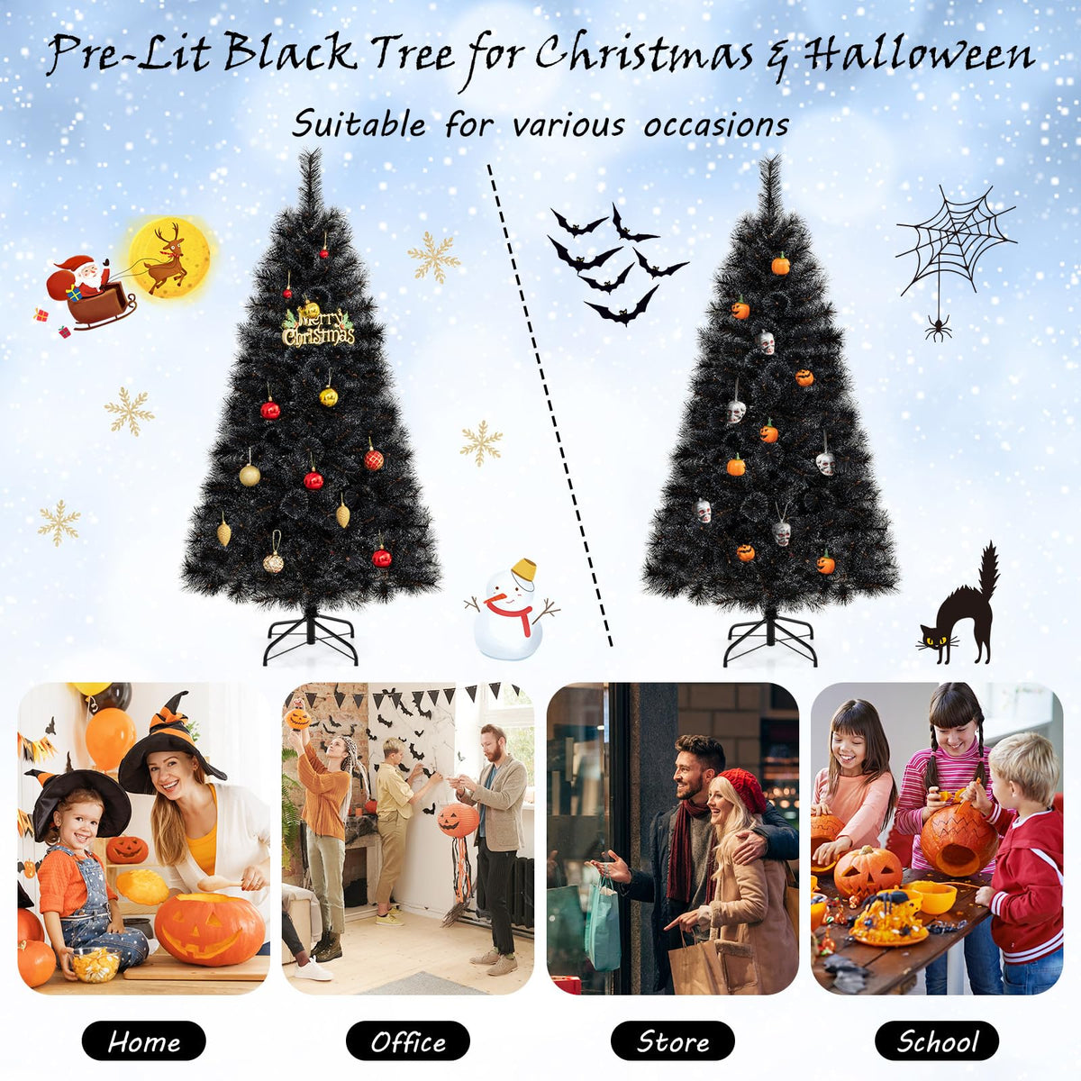 Lucktree 6/7/8 ft Pre-Lit Black Halloween Christmas Tree, Artificial Hinged Xmas Full Tree with 362/572/860 Pine Needles & PVC Branch Tips