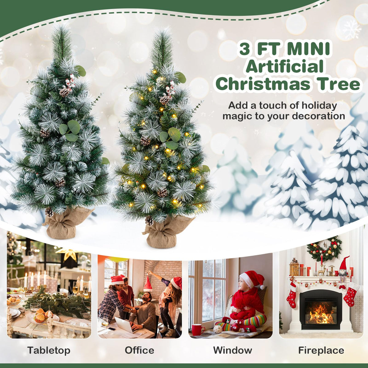 Lucktree 3ft Pre-Lit Mini Tabletop Christmas Tree with 30 Warm White LED Lights, Timer, 98 Flocked PVC & Pine Needles