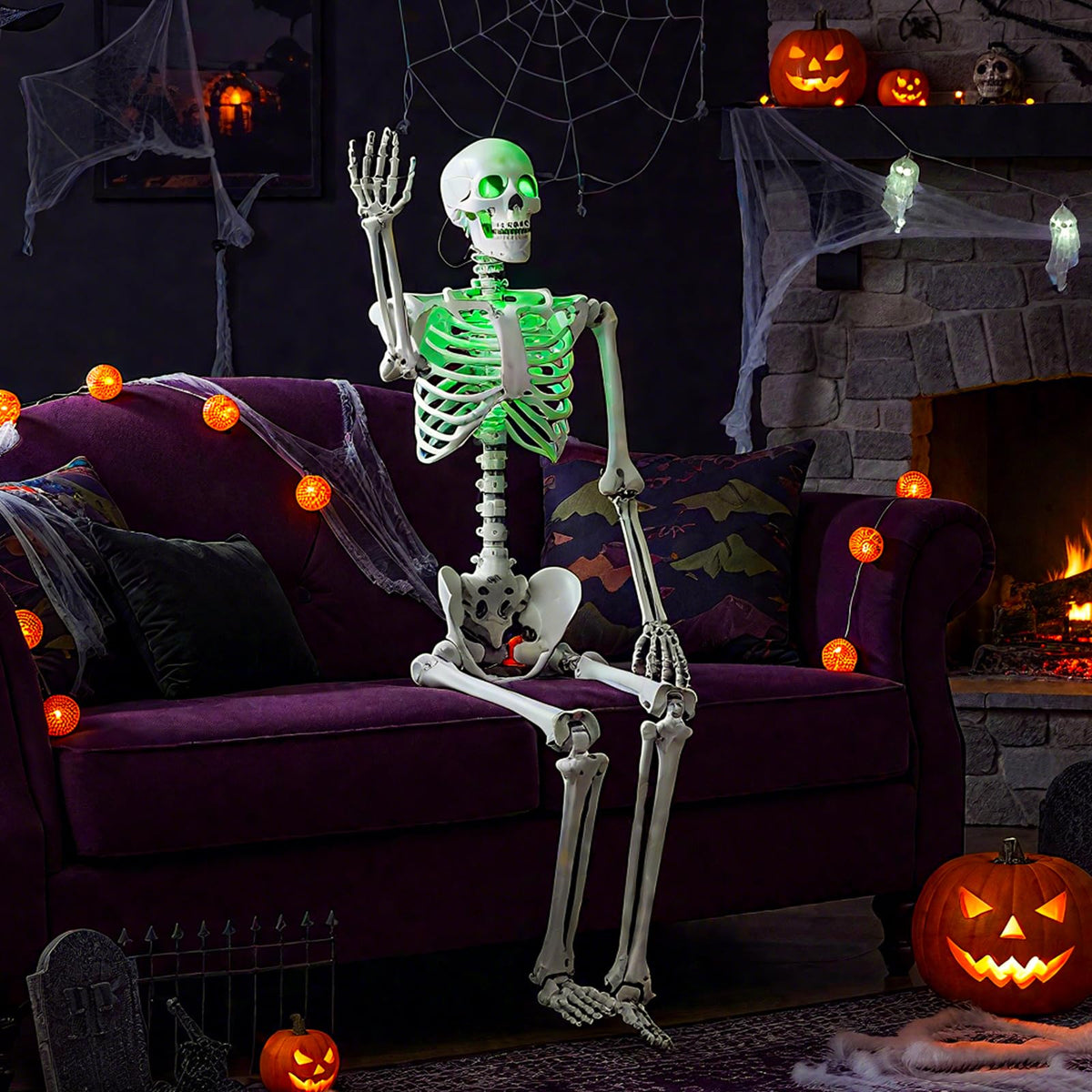 Lucktree 63" Life-Size Posable Skeleton with Green LED Lights Halloween Lighted Skeleton Decoration