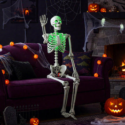 Lucktree 63" Life-Size Posable Skeleton with Green LED Lights Halloween Lighted Skeleton Decoration