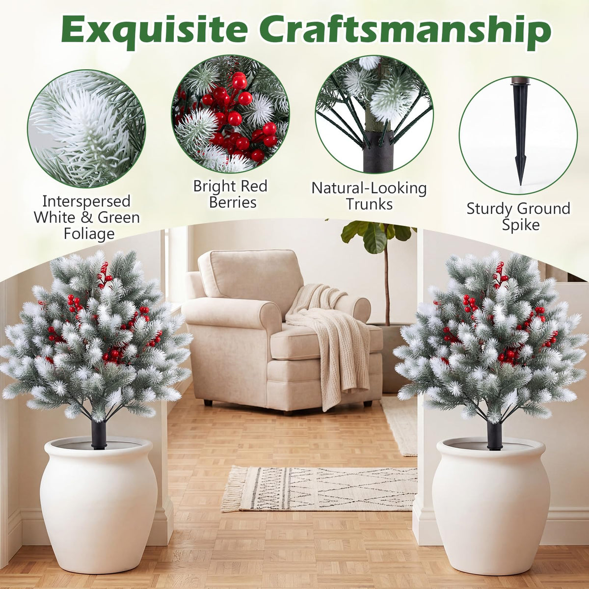 Lucktree 27.5" Faux Pine Needle Bushes with Ground Spikes | Artificial Cedar Topiary Ball Trees Set of 2