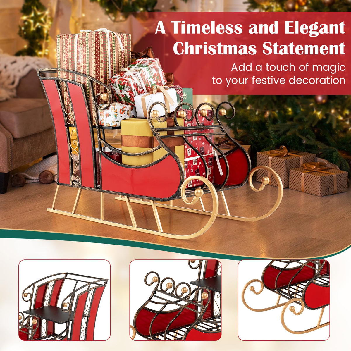 Lucktree Metal Christmas Santa Sleigh Basket, Xmas Festival Holiday Decorative Santa’s Sleigh with 2-Tier Storage Shelf