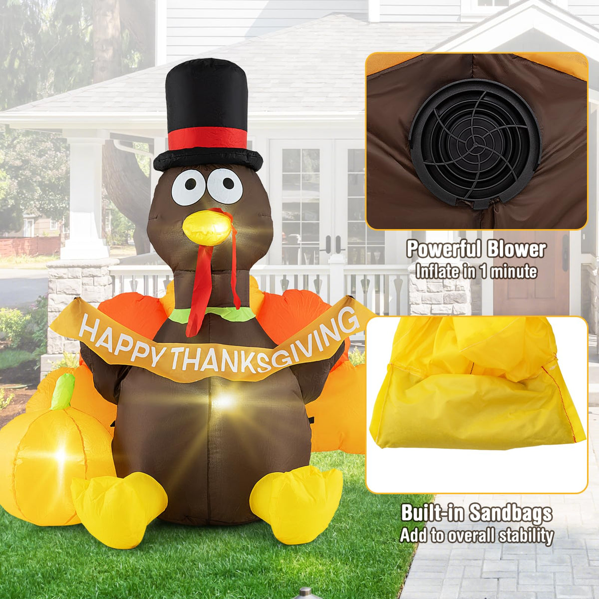 Lucktree 5 FT Thanksgiving Inflatable Turkey with Pumpkin, Blow up Decoration with LED Lights