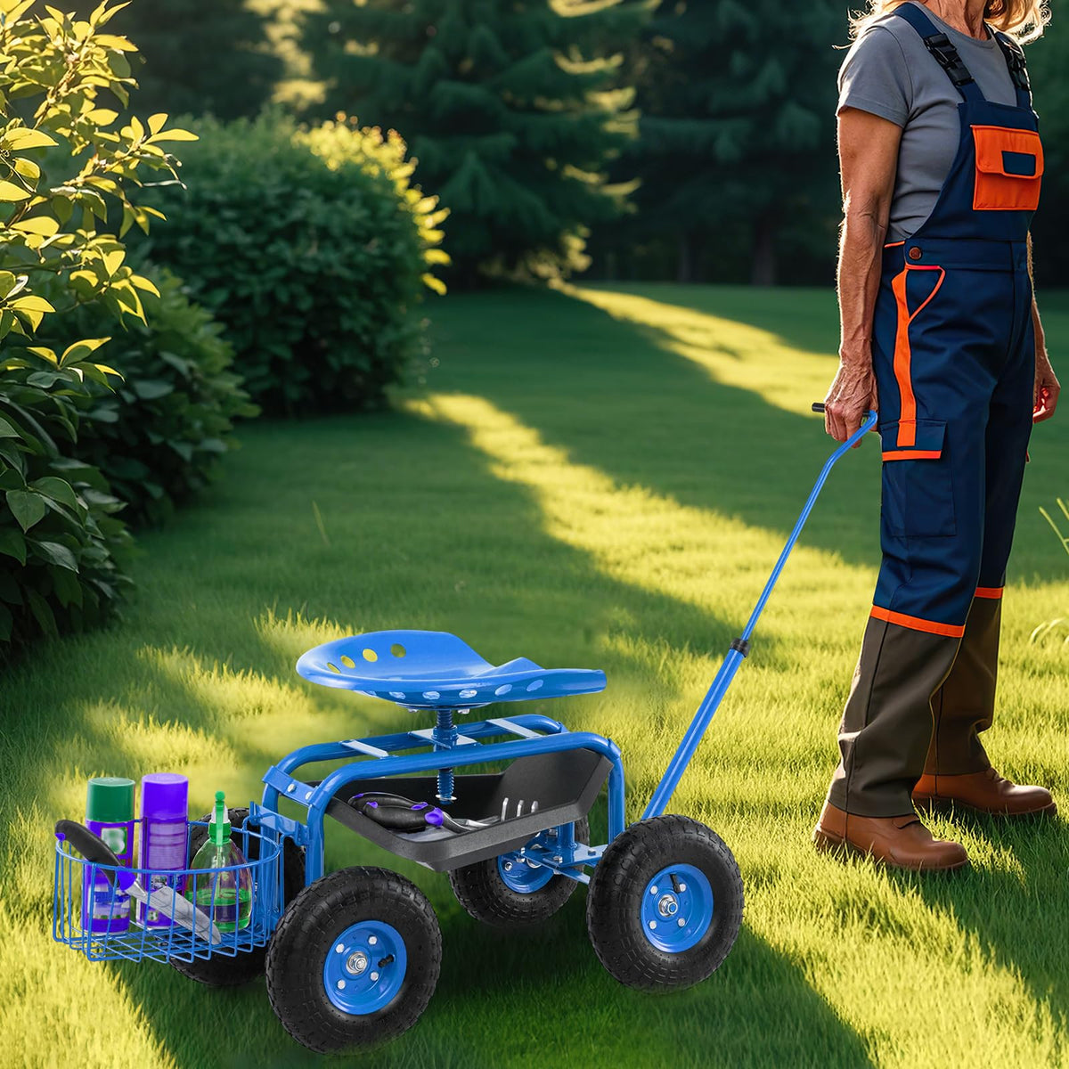 Lucktree Garden Cart, 4-Wheel Gardening Workseat with Storage Basket