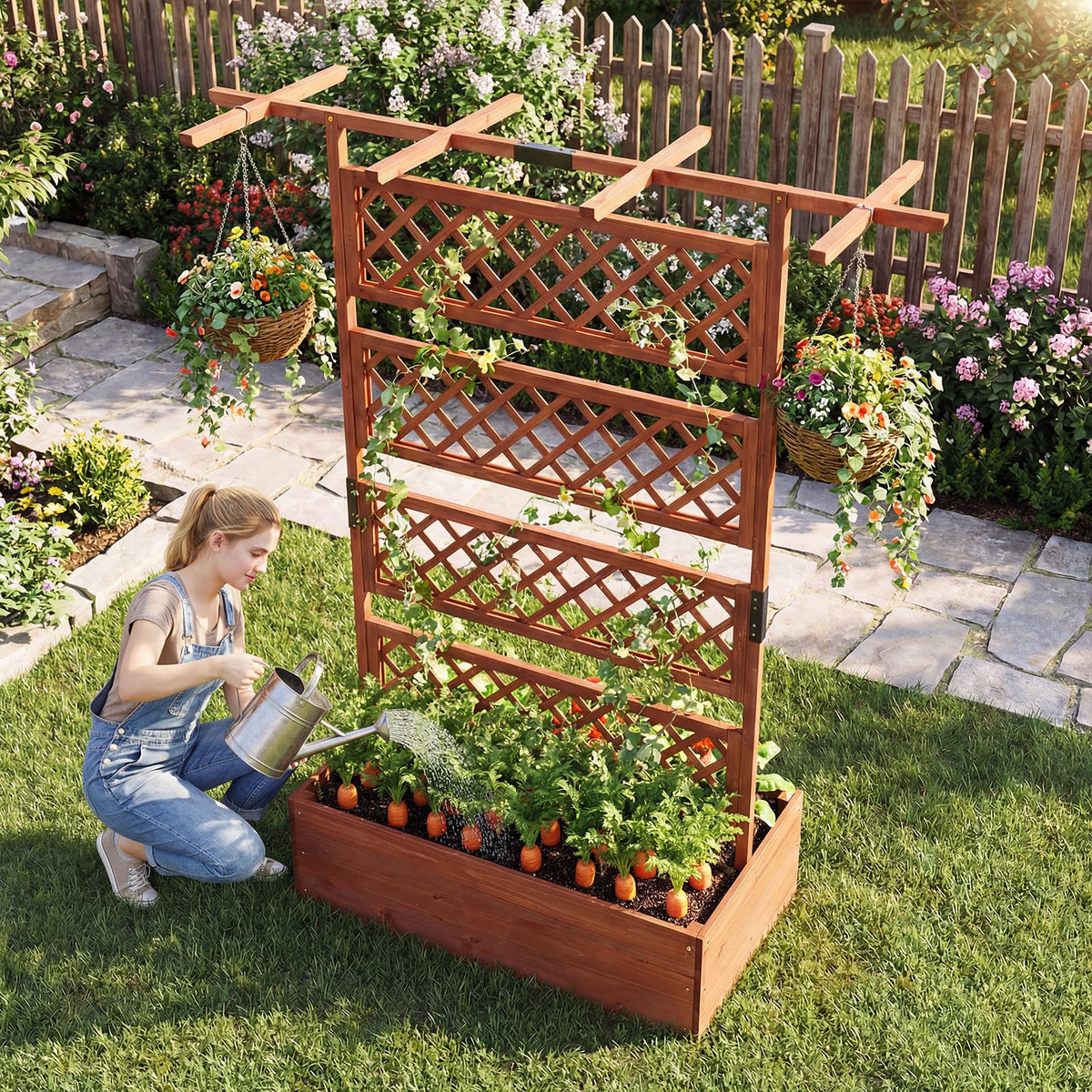 Lucktree 72" Wooden Raised Garden Bed with Trellis w/Privacy Screen Roof