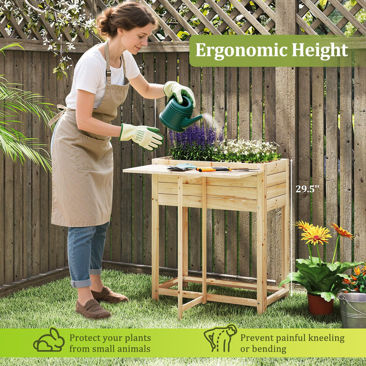 Lucktree Wood Raised Garden Bed w/Folding Drop-Leaf Potting Table