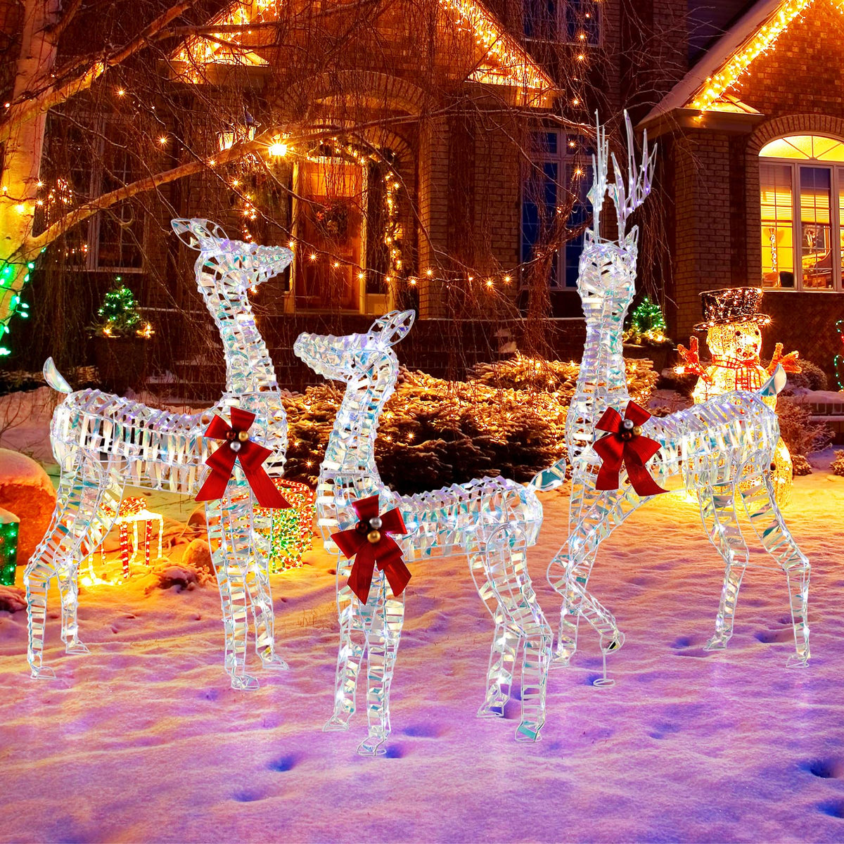 Lucktree 3-Piece Large Lighted Christmas Reindeer Family, Light up Xmas Decorations w/LED Lights & Bows