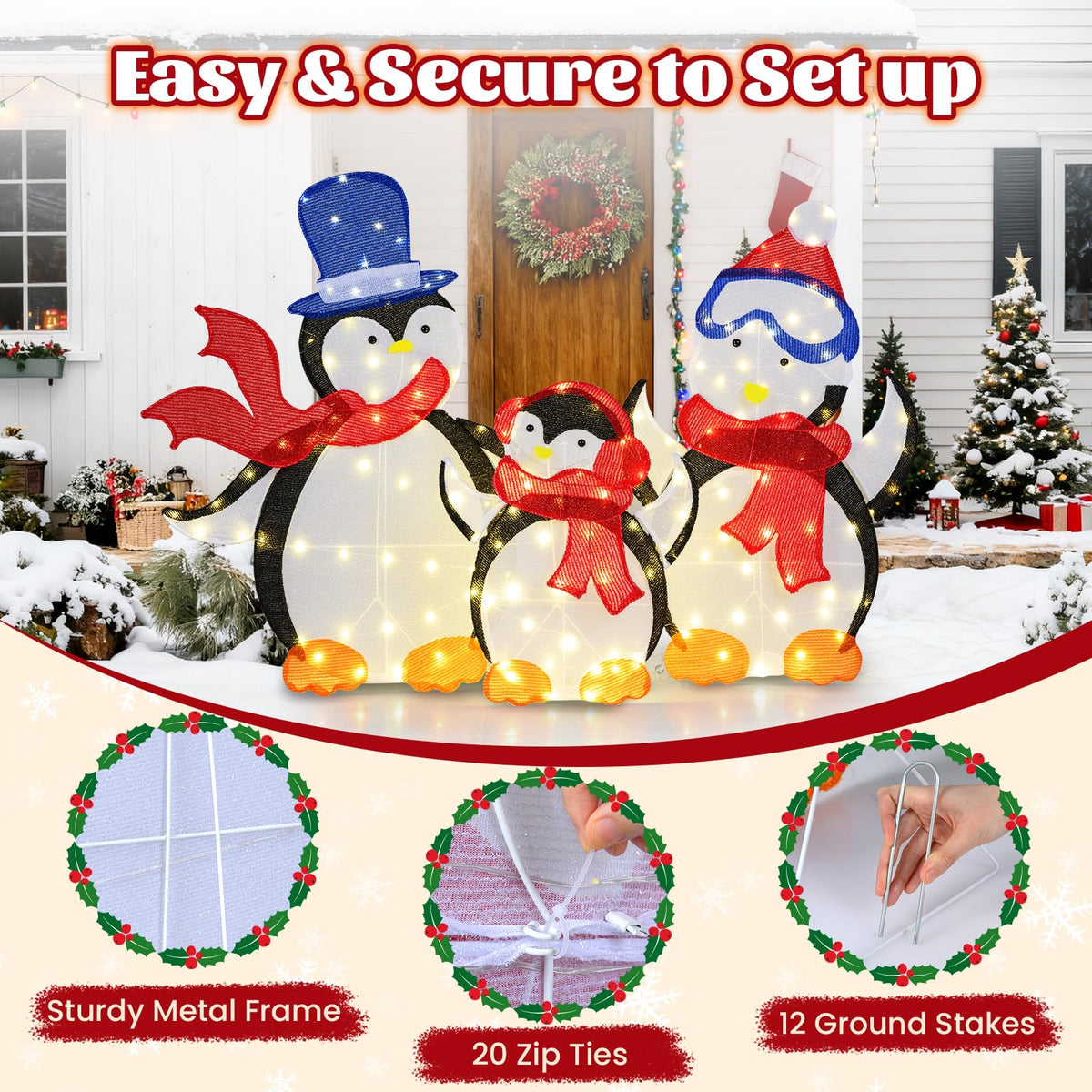 Lucktree 3-Piece Christmas Lighted Penguin Family Set Decoration