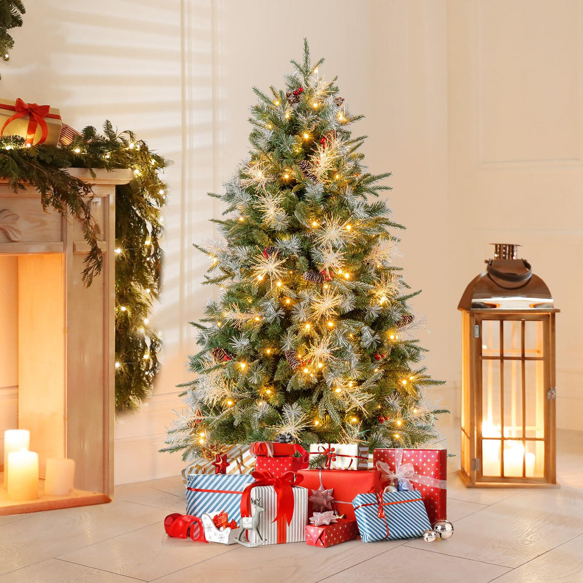 Lucktree 5FT / 6FT / 7FT Pre-Lit Artificial Christmas Tree with LED Lights Pine Cones Berries