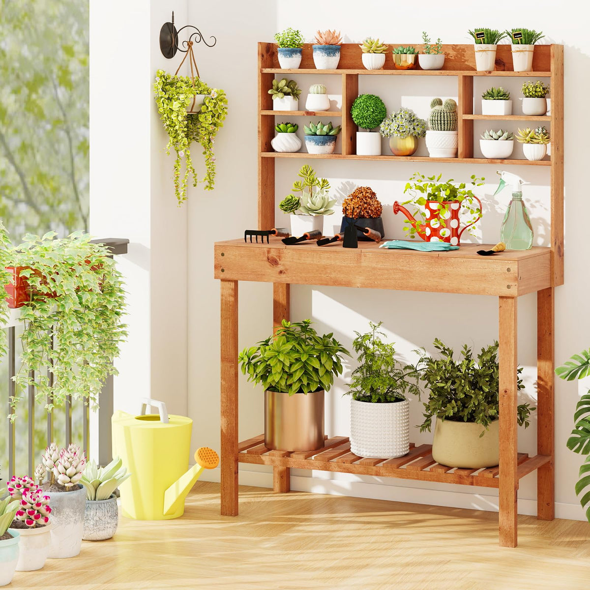 Lucktree Outside Solid Wood Potting Table with Flip-up Tabletop