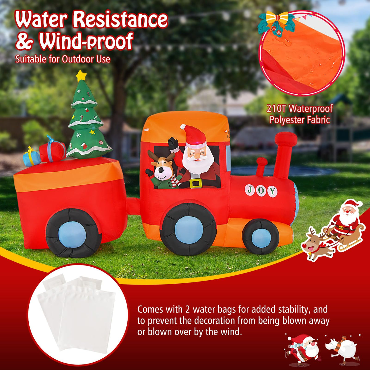 Lucktree 8.6 FT Lighted Christmas Inflatable Santa Claus on Train with Deer & Christmas Tree