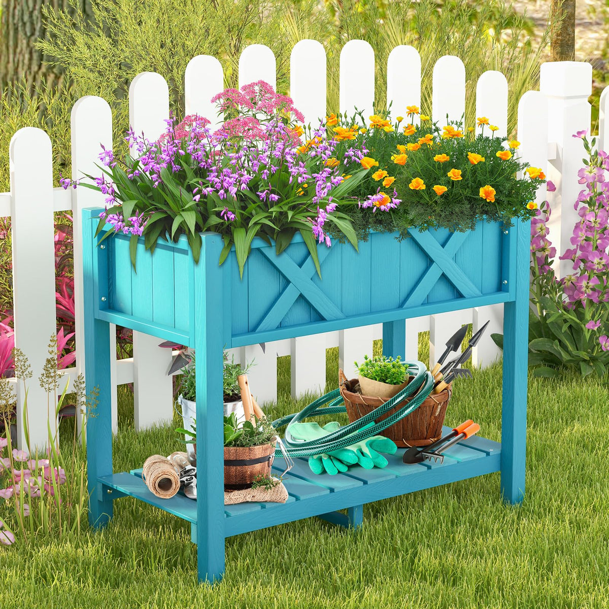 Lucktree HIPS Raised Garden Bed, Elevated Planter Box w/Legs, Storage Shelf, Drain Holes