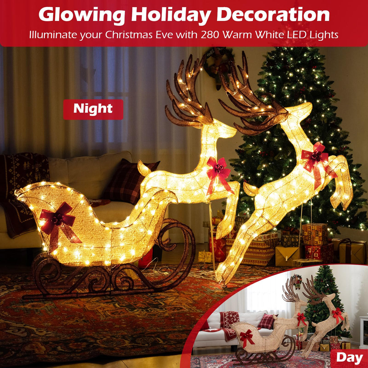 Lucktree 3-Piece Christmas Lighted Reindeer & Sleigh Set