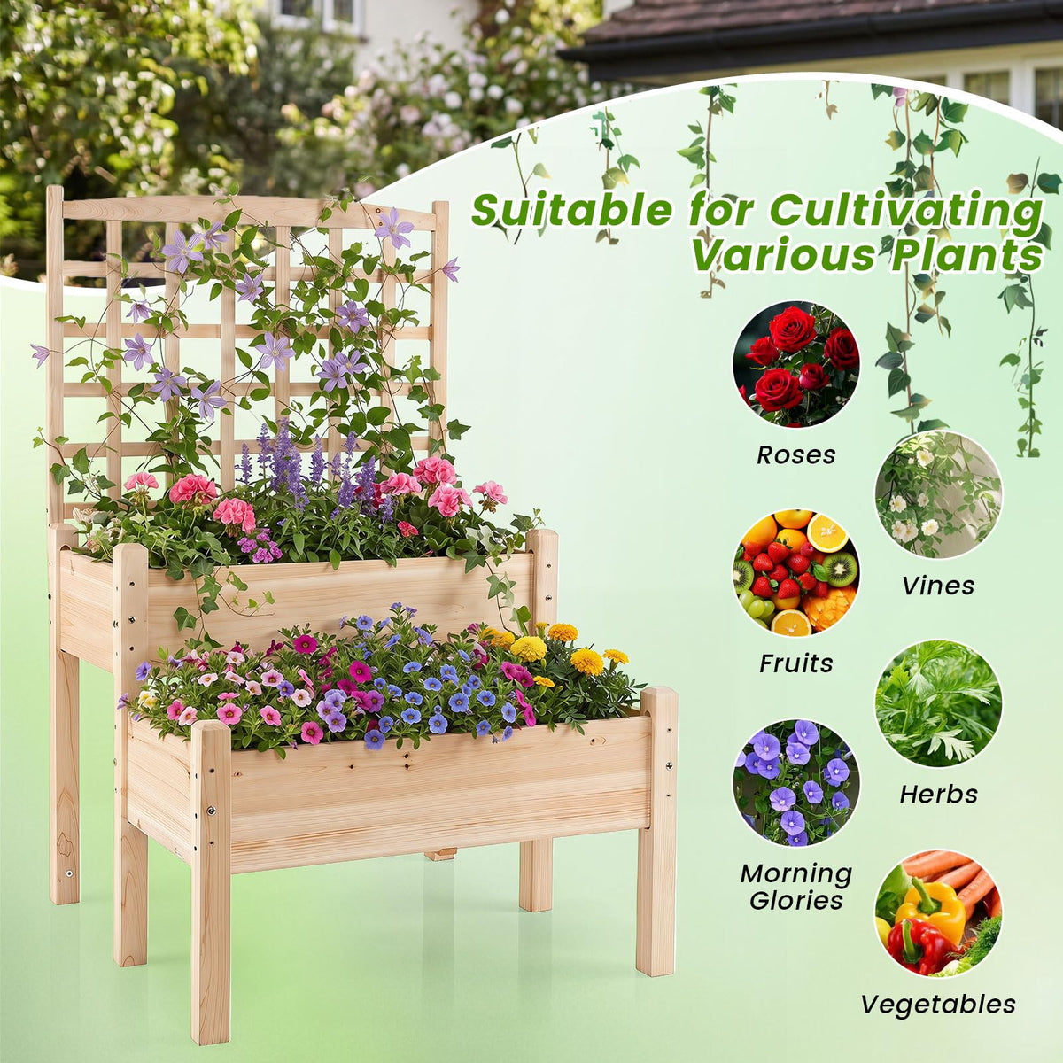 Lucktree 2-Tier Raised Garden Bed with Trellis for Climbing Plants