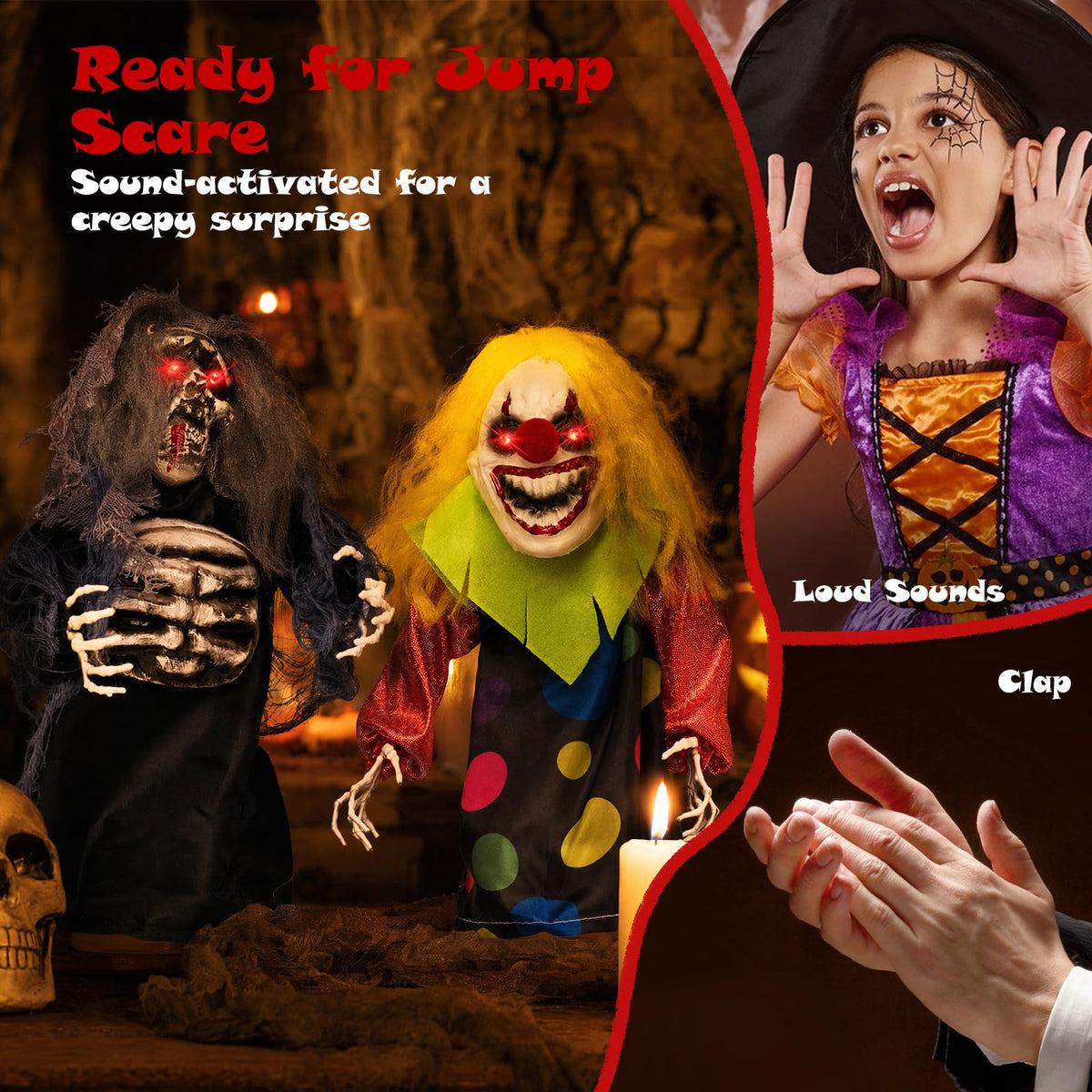 Lucktree 2 Pack Halloween Animated Tabletop Clown & Grim Reaper Decorations