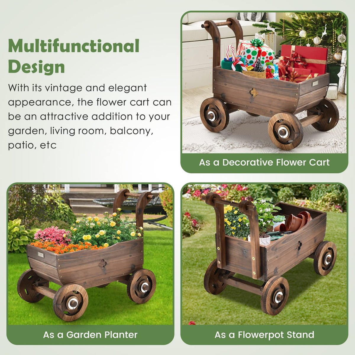 Lucktree Wooden Wagon Planter Raised Bed on Wheels, Handle, Drainage Hole