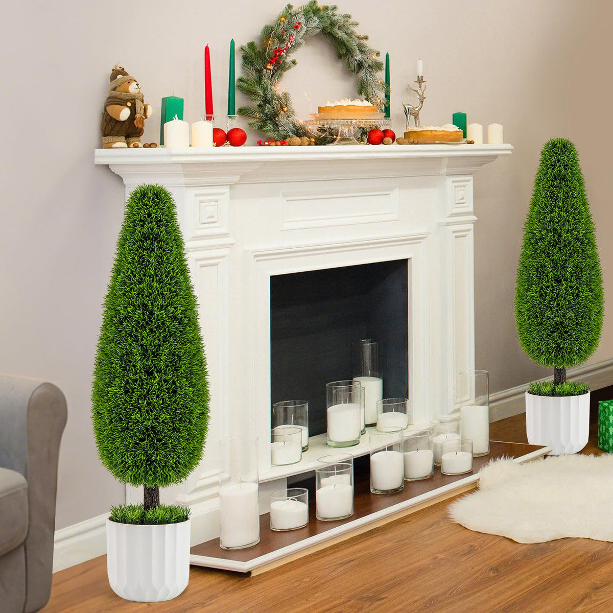 Lucktree 3ft Artificial Cedar Teardrop Shaped Topiary Tree, 2 Pack Faux Potted Plants with Plastic Nursery Pot