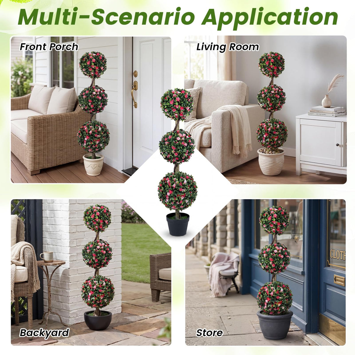 Lucktree 43.5" Faux Potted Floral Plant Artificial Triple Ball Rose Topiary Tree ( 1/2 pack )