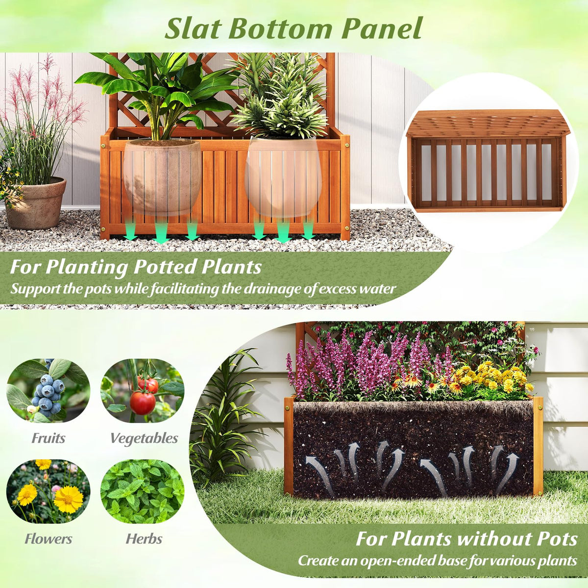 Lucktree Solid Acacia Wood Planter Box with Trellis 63" Raised Garden Bed with Trellis