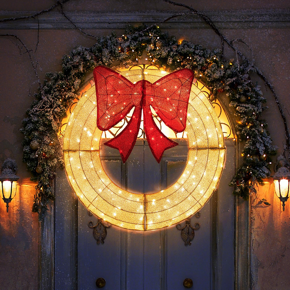 Lucktree 48 Inch Pre-Lit Christmas Wreath, Indoor/Outdoor Xmas Decoration with 200 LED Lights