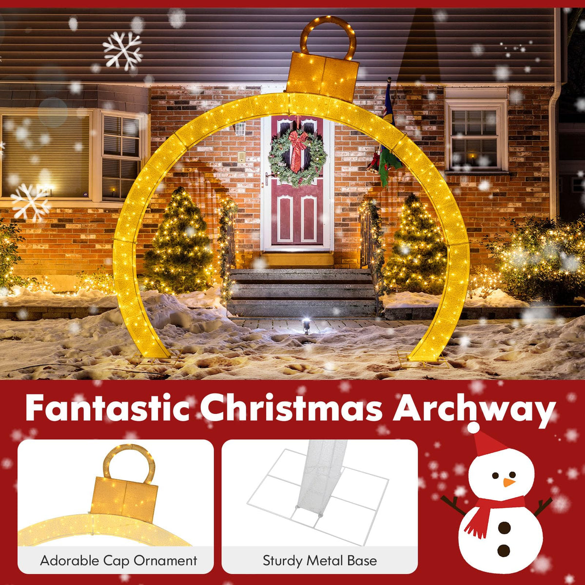 Lucktree 10.5 FT Outdoor Christmas Lighted Archway with Gold Ornament Cap